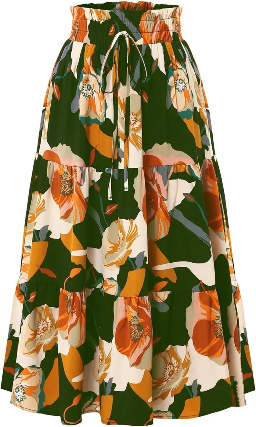 Women's Summer Bohemian Print A-Line Maxi Skirt Elastic Waist High Waist Beach Outfits Casual Tiered Long Skirt