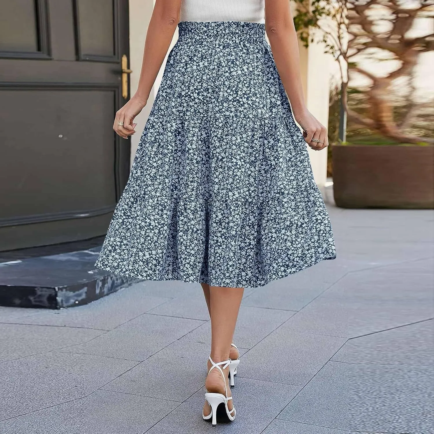 Women's Summer Bohemian Print A-Line Maxi Skirt Elastic Waist High Waist Beach Outfits Casual Tiered Long Skirt
