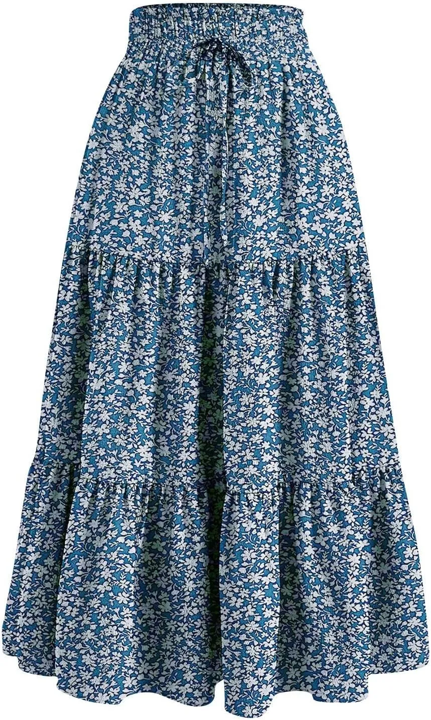 Women's Summer Bohemian Print A-Line Maxi Skirt Elastic Waist High Waist Beach Outfits Casual Tiered Long Skirt