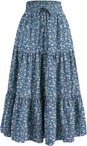 Women's Summer Bohemian Print A-Line Maxi Skirt Elastic Waist High Waist Beach Outfits Casual Tiered Long Skirt