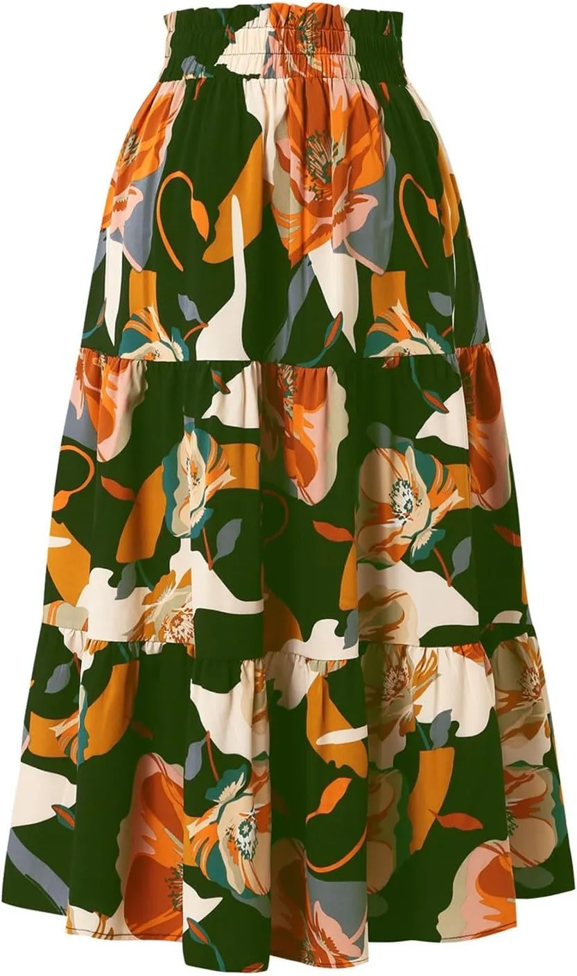 Women's Summer Bohemian Print A-Line Maxi Skirt Elastic Waist High Waist Beach Outfits Casual Tiered Long Skirt