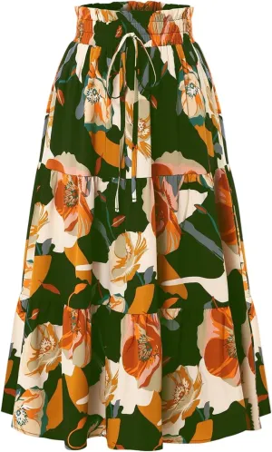 Women's Summer Bohemian Print A-Line Maxi Skirt Elastic Waist High Waist Beach Outfits Casual Tiered Long Skirt