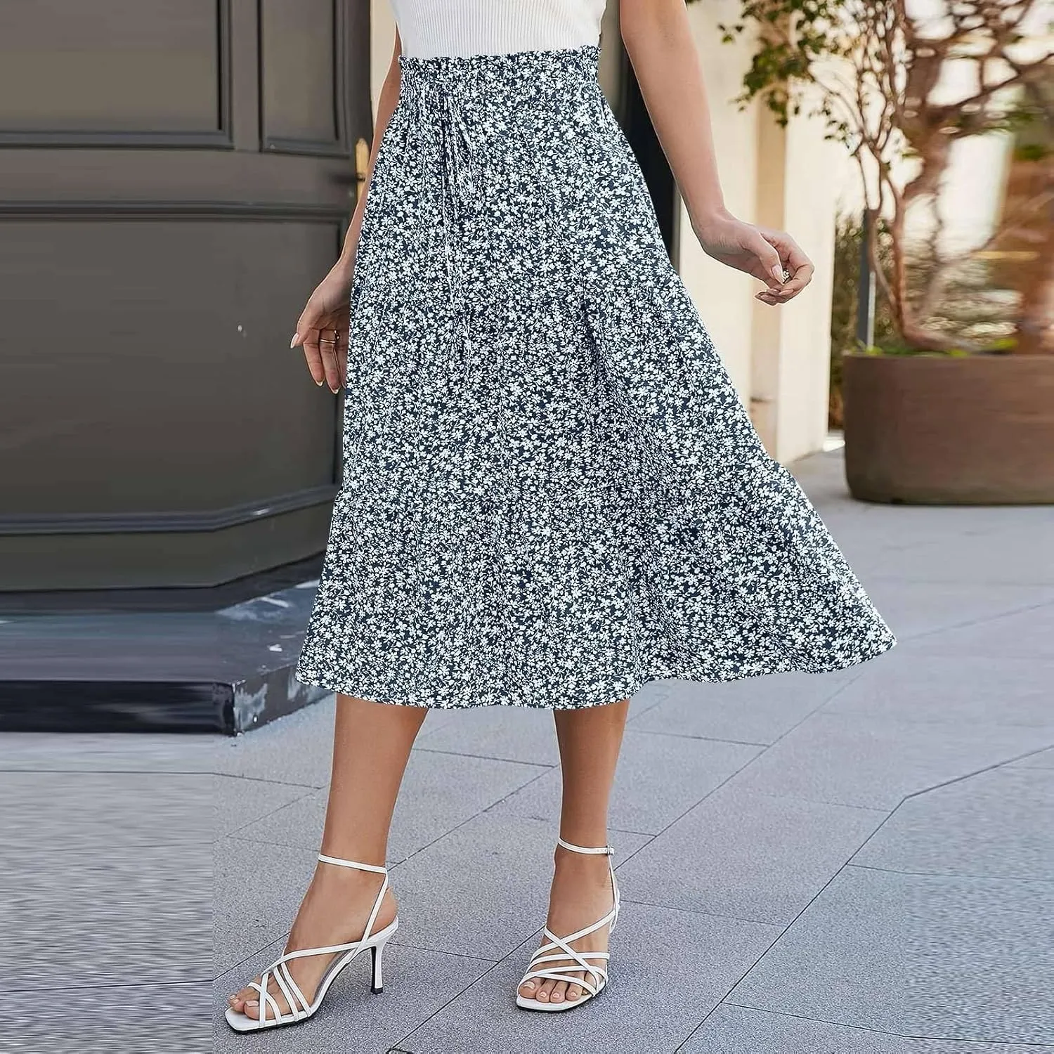 Women's Summer Bohemian Print A-Line Maxi Skirt Elastic Waist High Waist Beach Outfits Casual Tiered Long Skirt