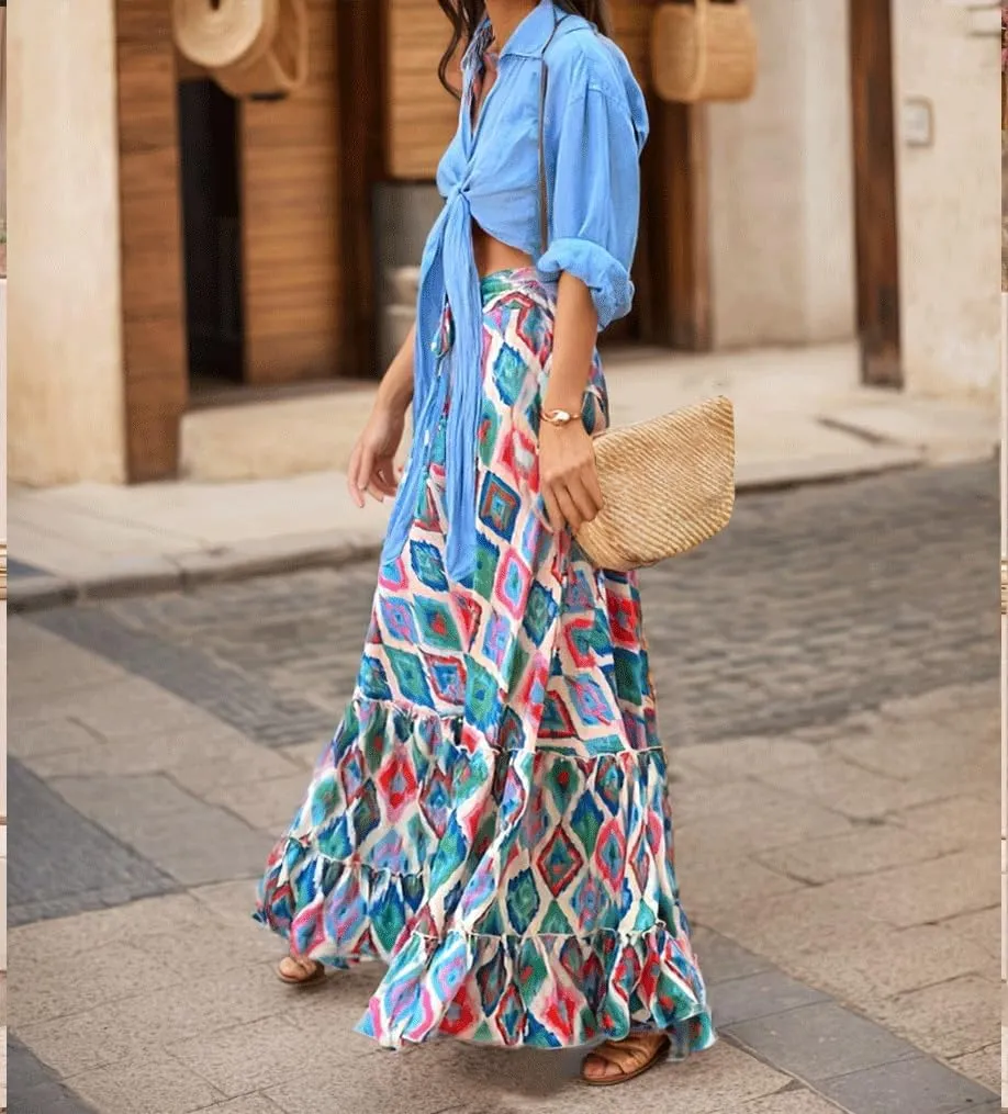 Women's Summer Boho Floral Maxi Skirt Flowy Casual Spring Bohemian Elastic Waist Beach Vacation Long Skirt