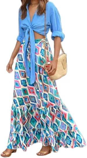 Women's Summer Boho Floral Maxi Skirt Flowy Casual Spring Bohemian Elastic Waist Beach Vacation Long Skirt