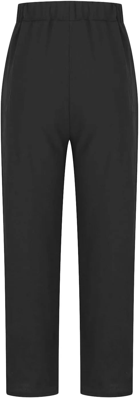 Women's Summer Cotton Linen Straight Pants Elastic Waist Casual Capri Pants Solid Large Lounge Beach Trousers Pockets