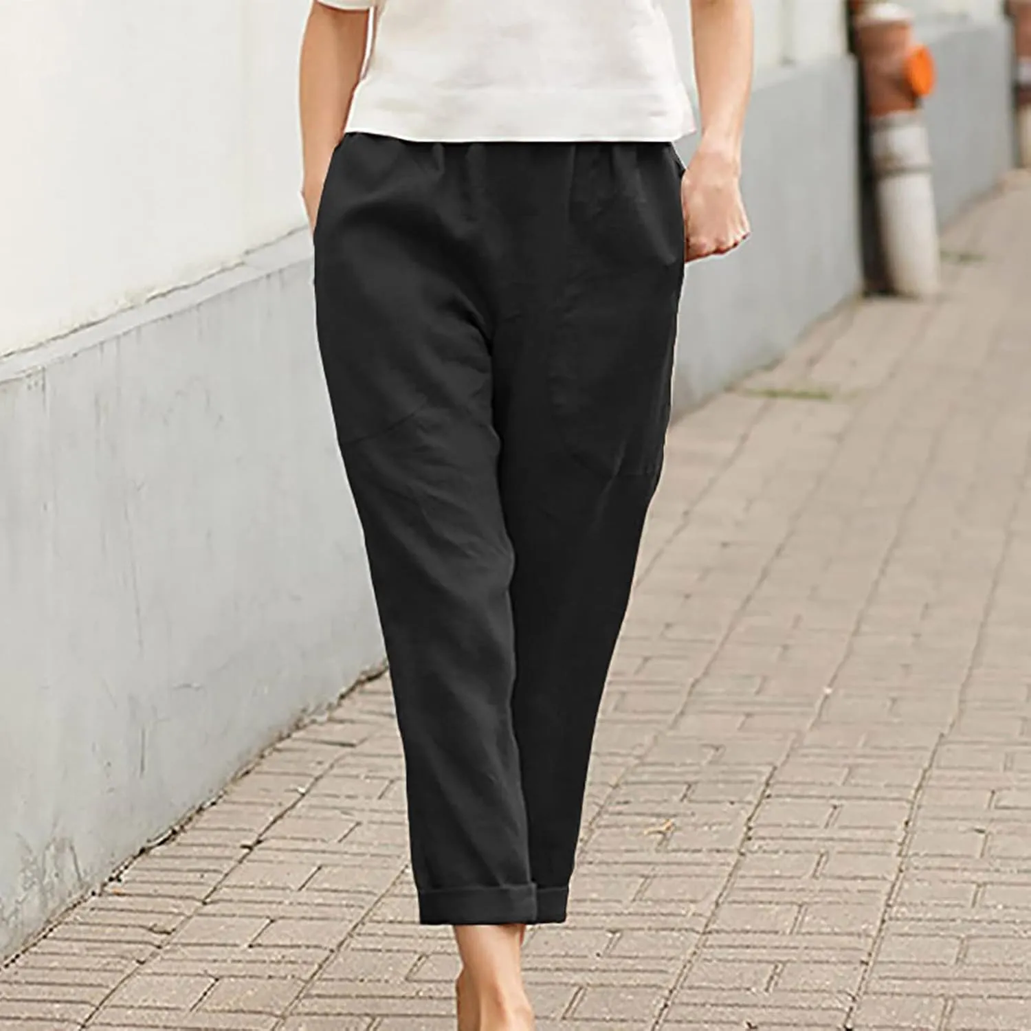 Women's Summer Cotton Linen Straight Pants Elastic Waist Casual Capri Pants Solid Large Lounge Beach Trousers Pockets