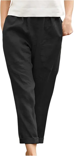 Women's Summer Cotton Linen Straight Pants Elastic Waist Casual Capri Pants Solid Large Lounge Beach Trousers Pockets