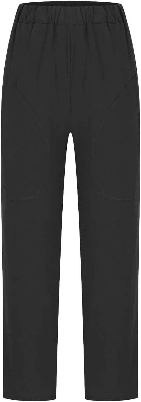 Women's Summer Cotton Linen Straight Pants Elastic Waist Casual Capri Pants Solid Large Lounge Beach Trousers Pockets