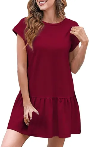 Womens Summer Dresses Casual Cap Sleeve Spring Ruffle Mini Sporty Sweatshirt Trendy Tshirt Dress Vacation Outfit