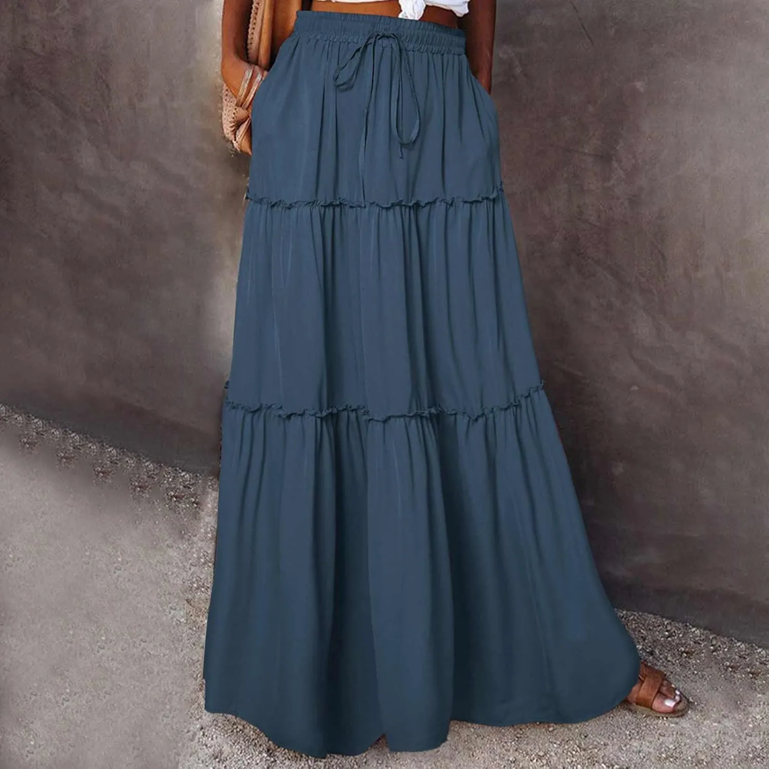 Women's Summer Pleated Maxi Skirts Ruffle Beach Long Skirt Elegant Solid Bohemian Vacation Skirts 2025 Trendy