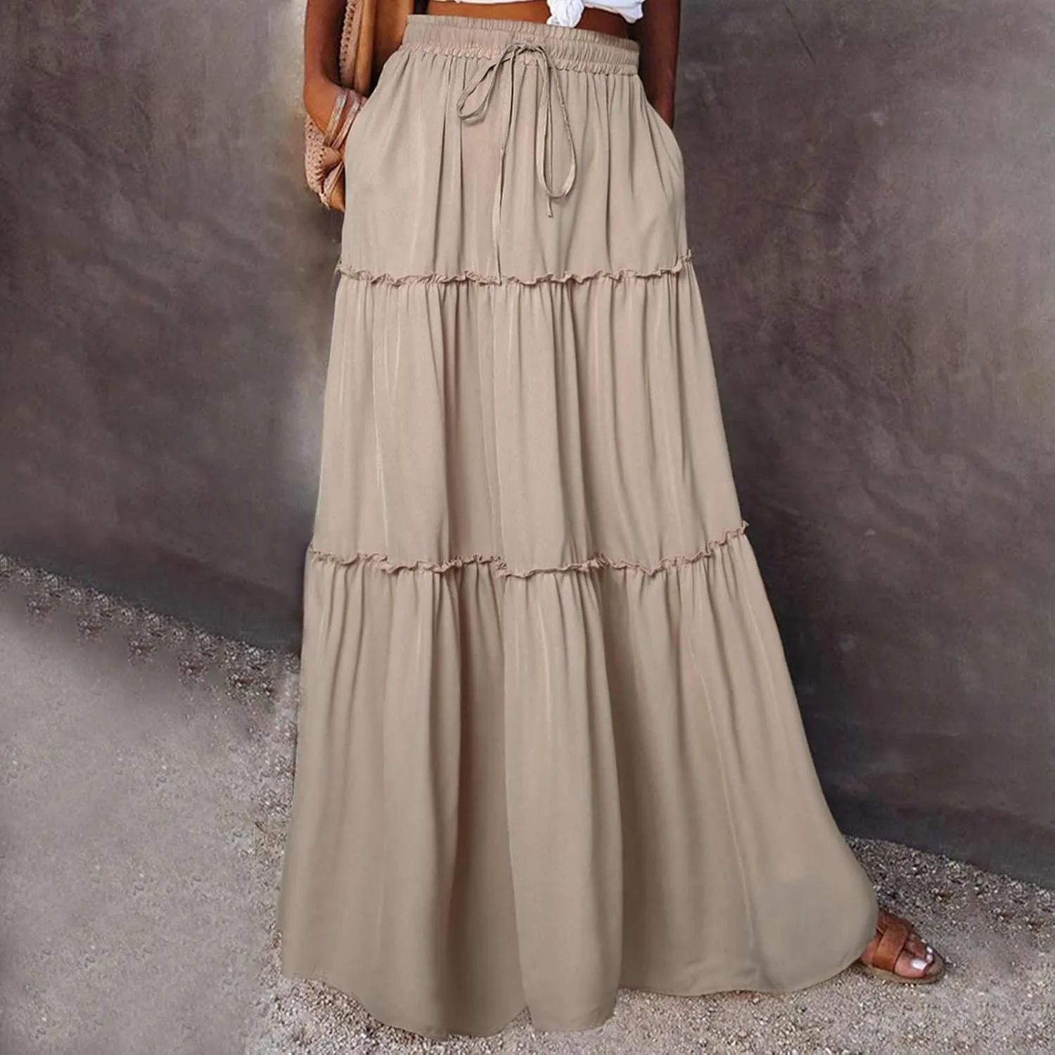 Women's Summer Pleated Maxi Skirts Ruffle Beach Long Skirt Elegant Solid Bohemian Vacation Skirts 2025 Trendy