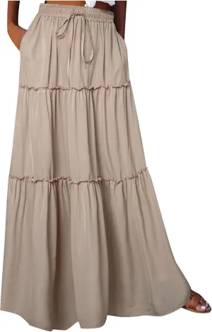 Women's Summer Pleated Maxi Skirts Ruffle Beach Long Skirt Elegant Solid Bohemian Vacation Skirts 2025 Trendy