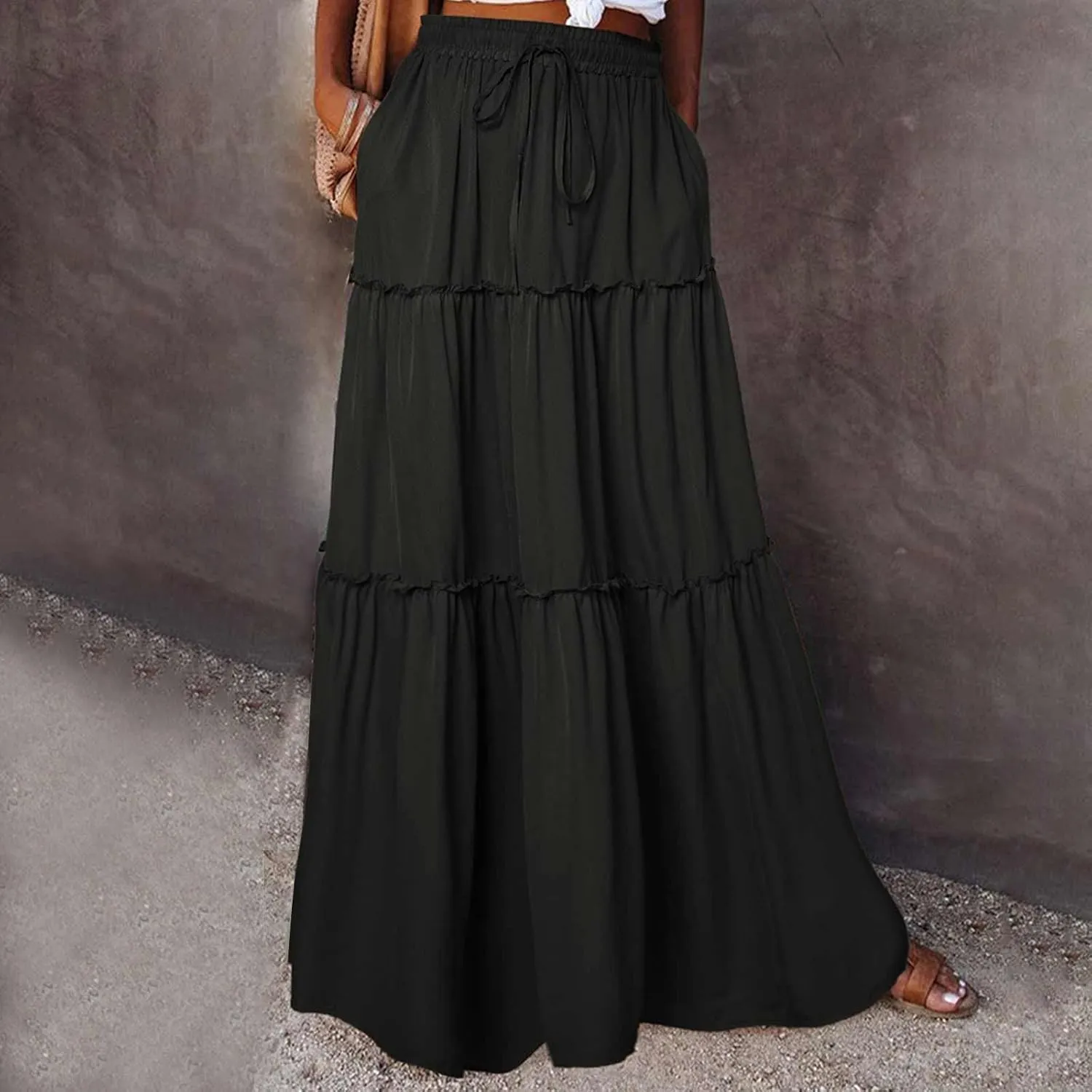 Women's Summer Pleated Maxi Skirts Ruffle Beach Long Skirt Elegant Solid Bohemian Vacation Skirts 2025 Trendy