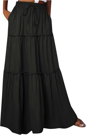 Women's Summer Pleated Maxi Skirts Ruffle Beach Long Skirt Elegant Solid Bohemian Vacation Skirts 2025 Trendy