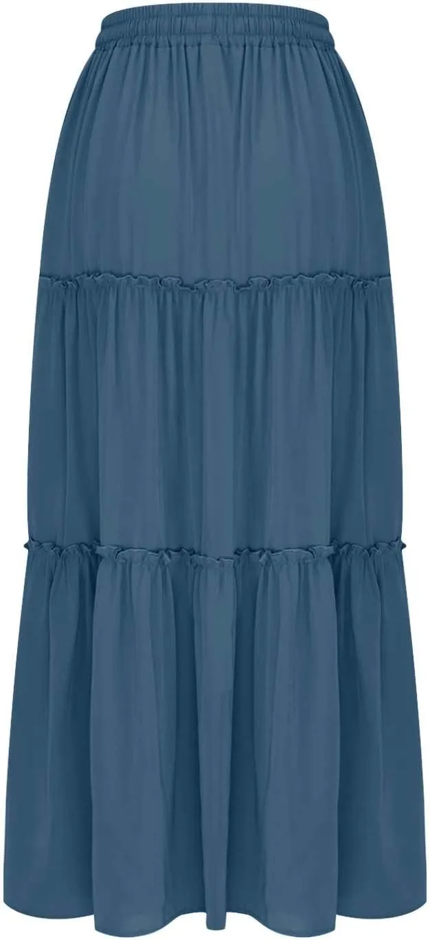 Women's Summer Pleated Maxi Skirts Ruffle Beach Long Skirt Elegant Solid Bohemian Vacation Skirts 2025 Trendy