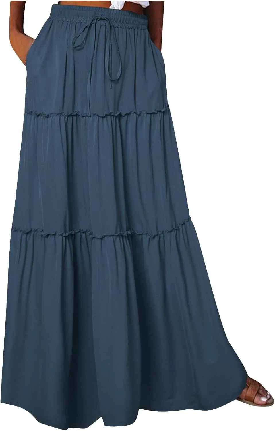 Women's Summer Pleated Maxi Skirts Ruffle Beach Long Skirt Elegant Solid Bohemian Vacation Skirts 2025 Trendy
