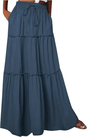 Women's Summer Pleated Maxi Skirts Ruffle Beach Long Skirt Elegant Solid Bohemian Vacation Skirts 2025 Trendy
