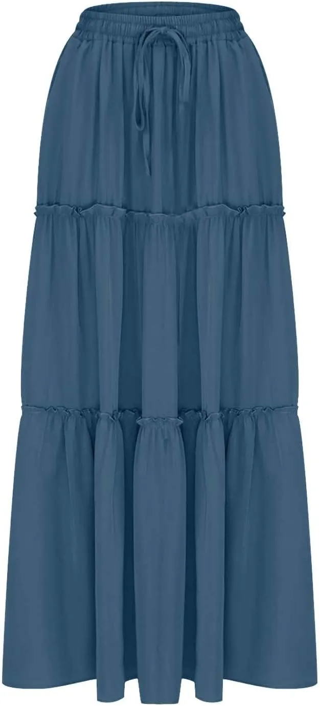 Women's Summer Pleated Maxi Skirts Ruffle Beach Long Skirt Elegant Solid Bohemian Vacation Skirts 2025 Trendy