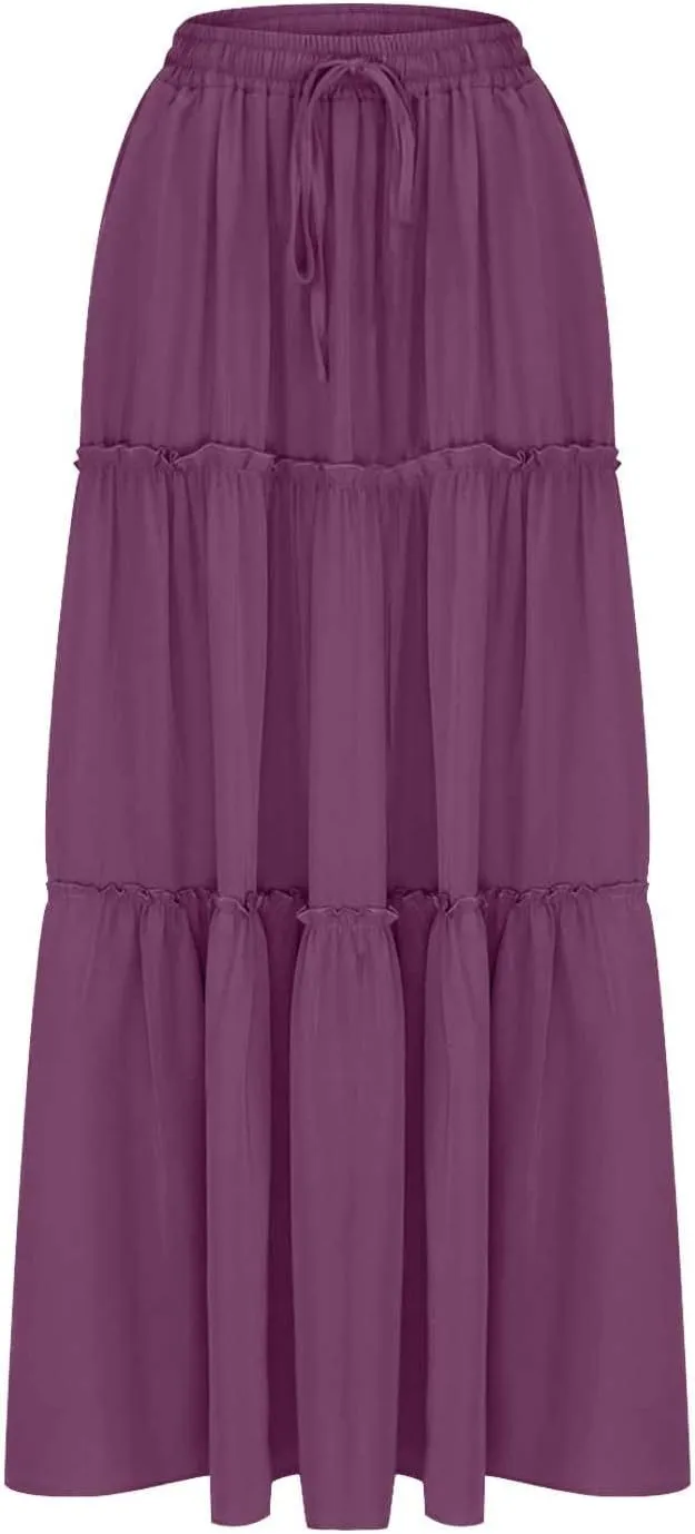 Women's Summer Pleated Maxi Skirts Ruffle Beach Long Skirt Elegant Solid Bohemian Vacation Skirts 2025 Trendy