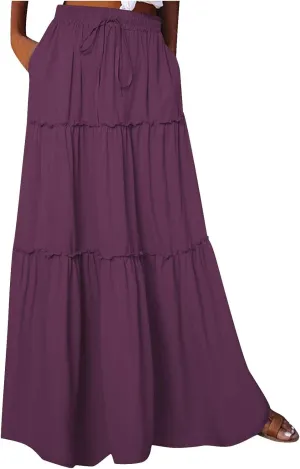 Women's Summer Pleated Maxi Skirts Ruffle Beach Long Skirt Elegant Solid Bohemian Vacation Skirts 2025 Trendy