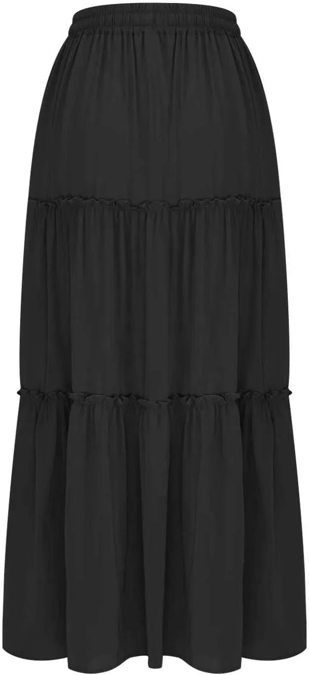 Women's Summer Pleated Maxi Skirts Ruffle Beach Long Skirt Elegant Solid Bohemian Vacation Skirts 2025 Trendy