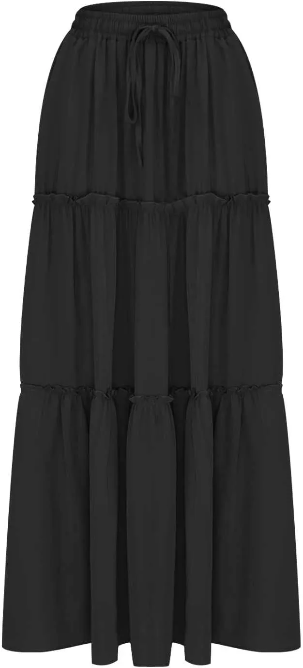 Women's Summer Pleated Maxi Skirts Ruffle Beach Long Skirt Elegant Solid Bohemian Vacation Skirts 2025 Trendy