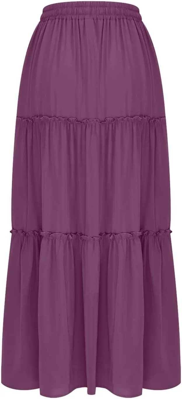 Women's Summer Pleated Maxi Skirts Ruffle Beach Long Skirt Elegant Solid Bohemian Vacation Skirts 2025 Trendy