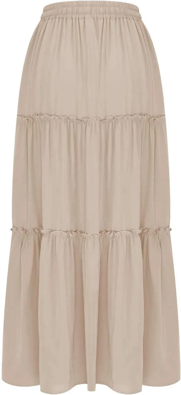 Women's Summer Pleated Maxi Skirts Ruffle Beach Long Skirt Elegant Solid Bohemian Vacation Skirts 2025 Trendy