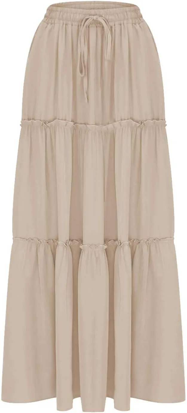 Women's Summer Pleated Maxi Skirts Ruffle Beach Long Skirt Elegant Solid Bohemian Vacation Skirts 2025 Trendy