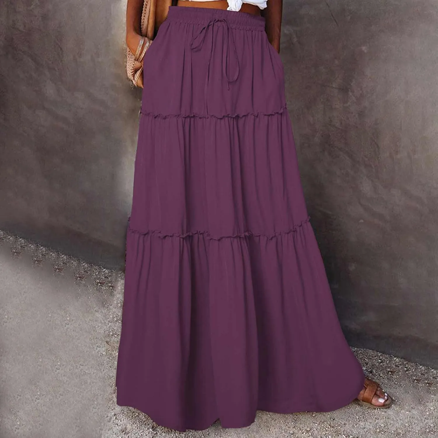 Women's Summer Pleated Maxi Skirts Ruffle Beach Long Skirt Elegant Solid Bohemian Vacation Skirts 2025 Trendy