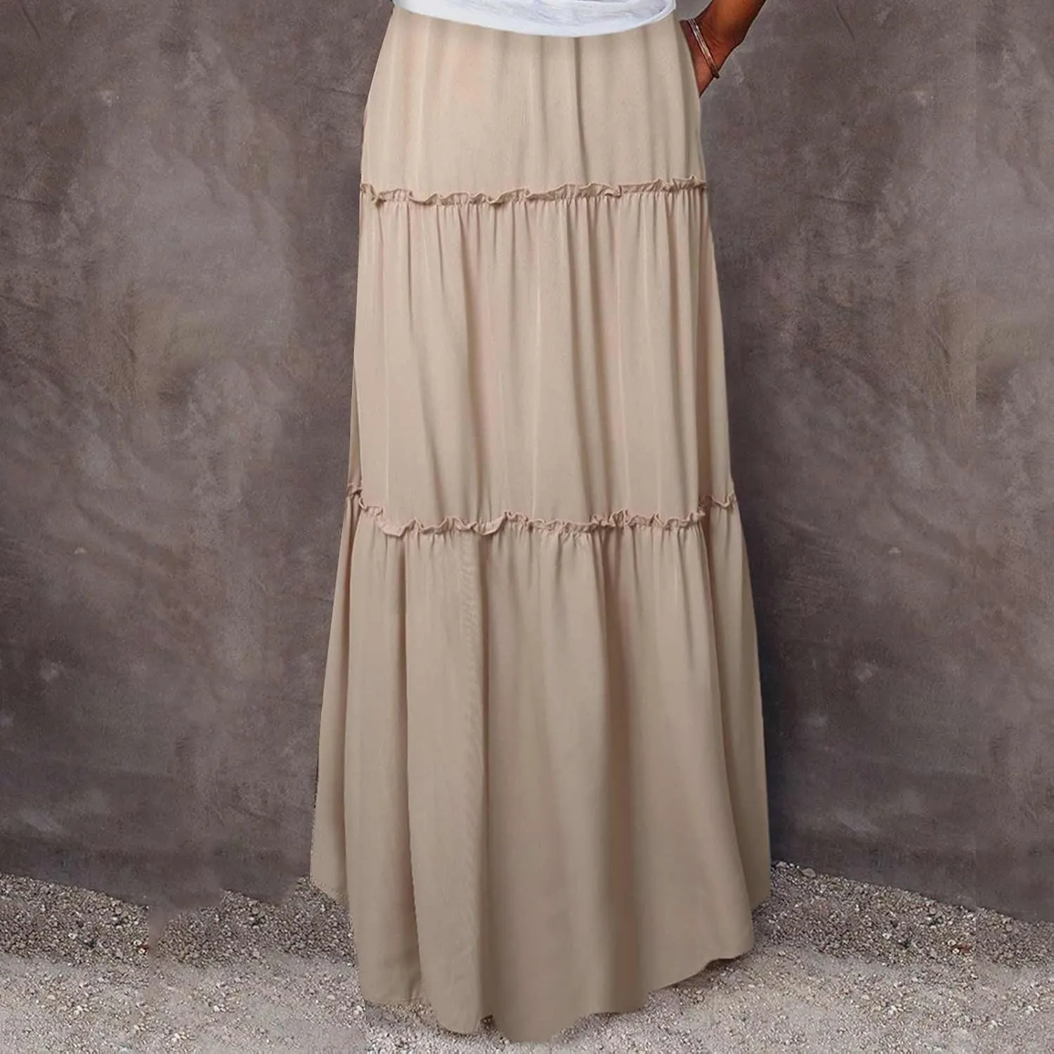 Women's Summer Pleated Maxi Skirts Ruffle Beach Long Skirt Elegant Solid Bohemian Vacation Skirts 2025 Trendy
