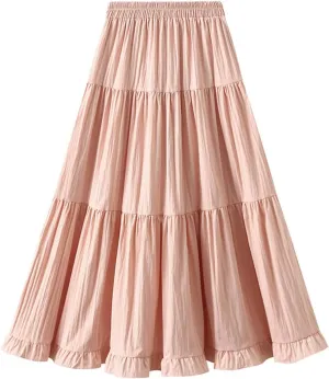 Women's Tiered Pleated Midi Skirt Summer High Waist Flowy A-Line Skirts Bohemian Ruffle Casual Vacation Beach Skirt