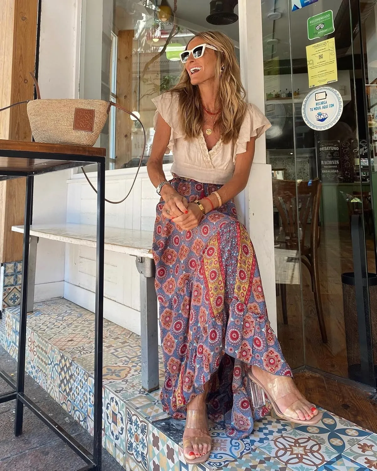 Women's Vintage Boho Floral Print Tiered Elastic High Waist Skirt 2024 Spring Summer A-Line Flowy Swing Maxi Skirts