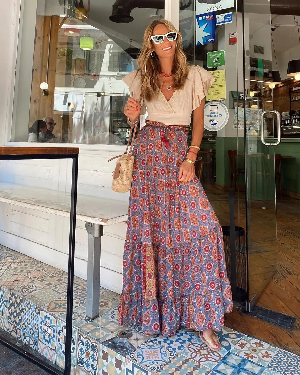 Women's Vintage Boho Floral Print Tiered Elastic High Waist Skirt 2024 Spring Summer A-Line Flowy Swing Maxi Skirts