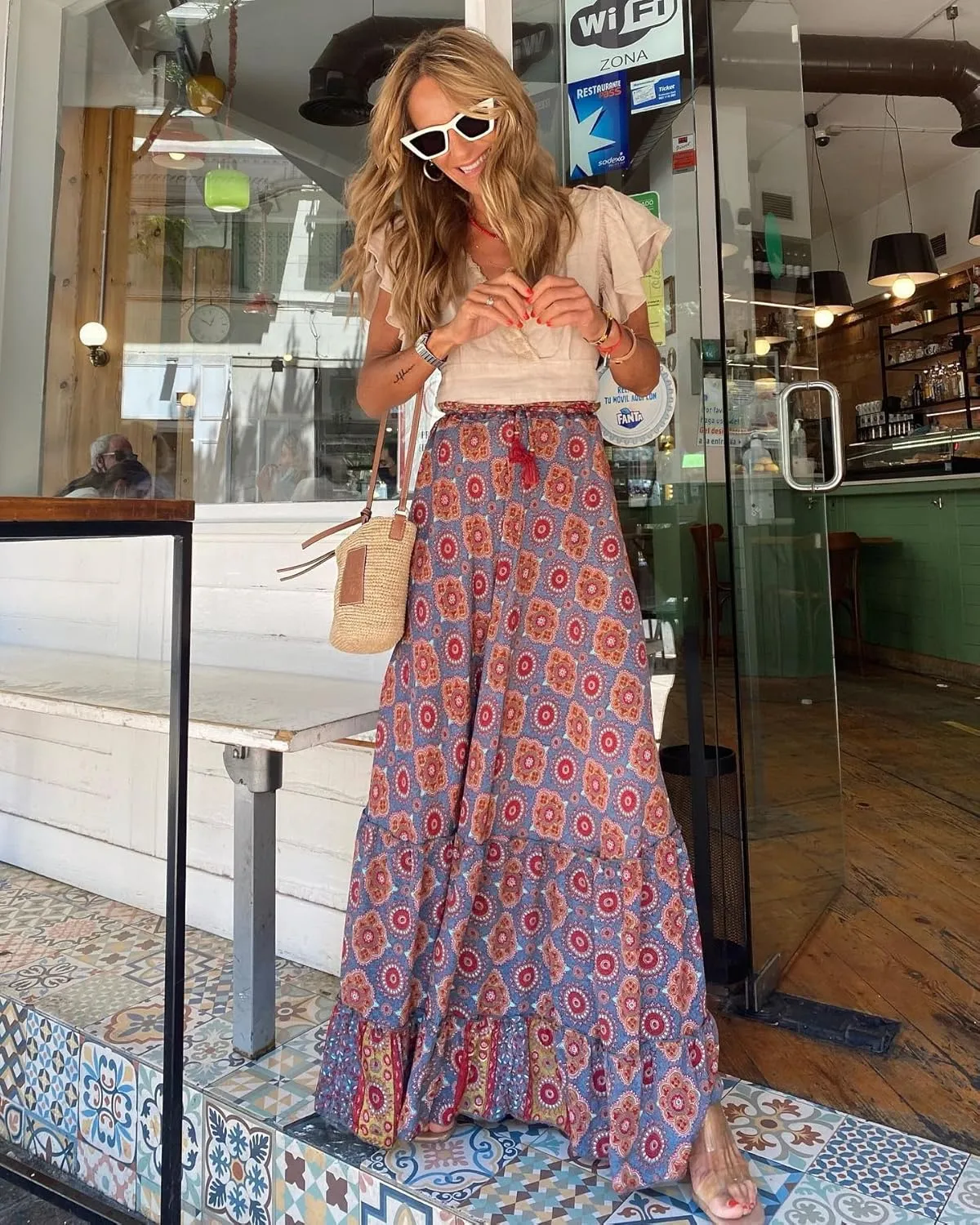 Women's Vintage Boho Floral Print Tiered Elastic High Waist Skirt 2024 Spring Summer A-Line Flowy Swing Maxi Skirts
