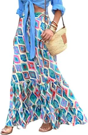 Women's Vintage Boho Floral Print Tiered Elastic High Waist Skirt 2024 Spring Summer A-Line Flowy Swing Maxi Skirts