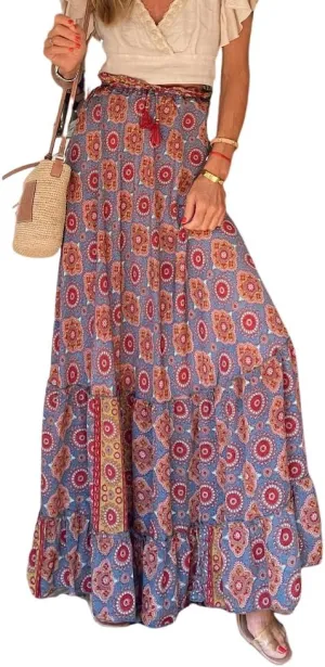 Women's Vintage Boho Floral Print Tiered Elastic High Waist Skirt 2024 Spring Summer A-Line Flowy Swing Maxi Skirts