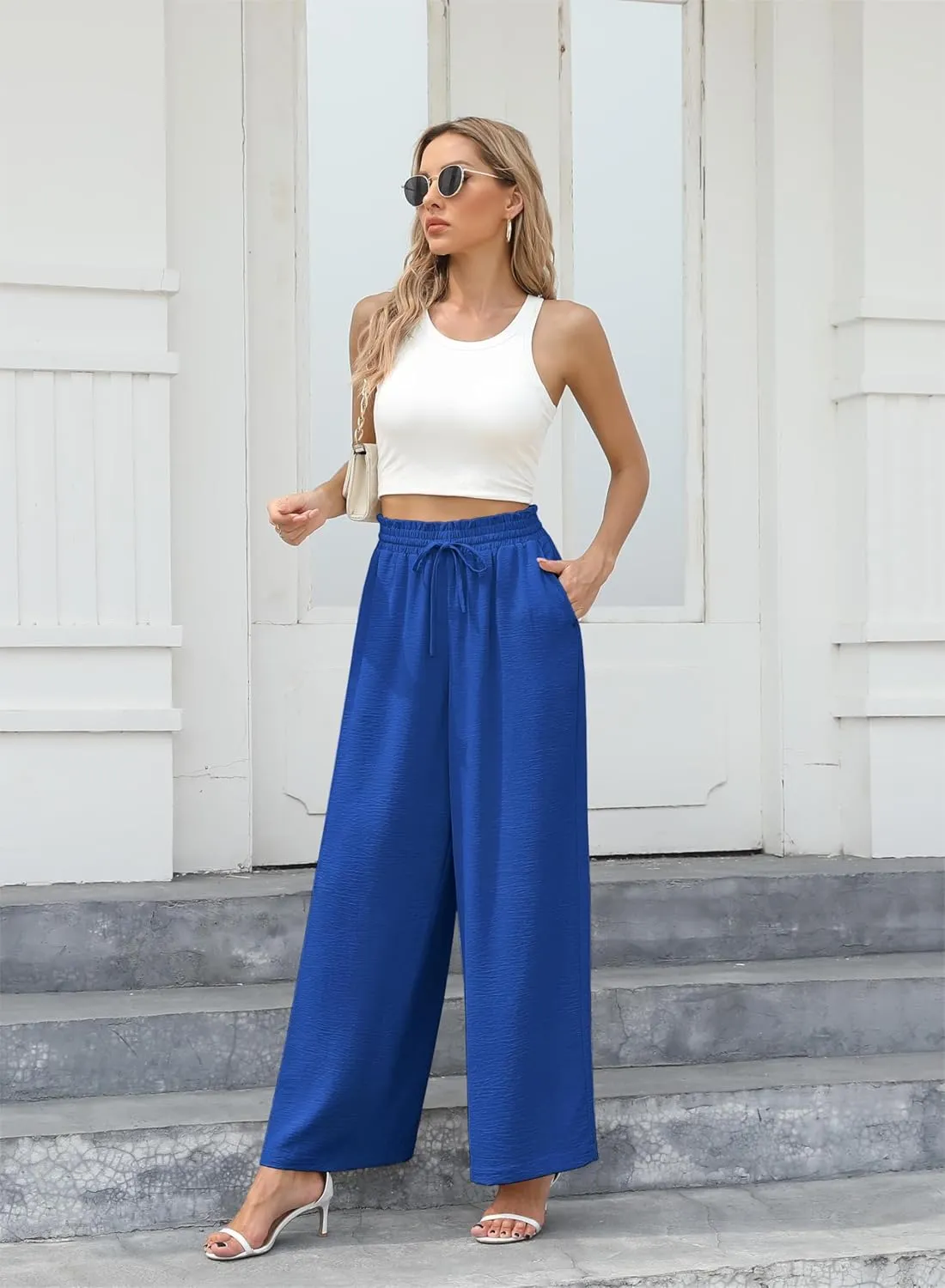 Women's Wide Leg Linen Pants High Waisted Flowy Palazzo Pants Lounge Loose Casual Work Pants Trousers Pockets
