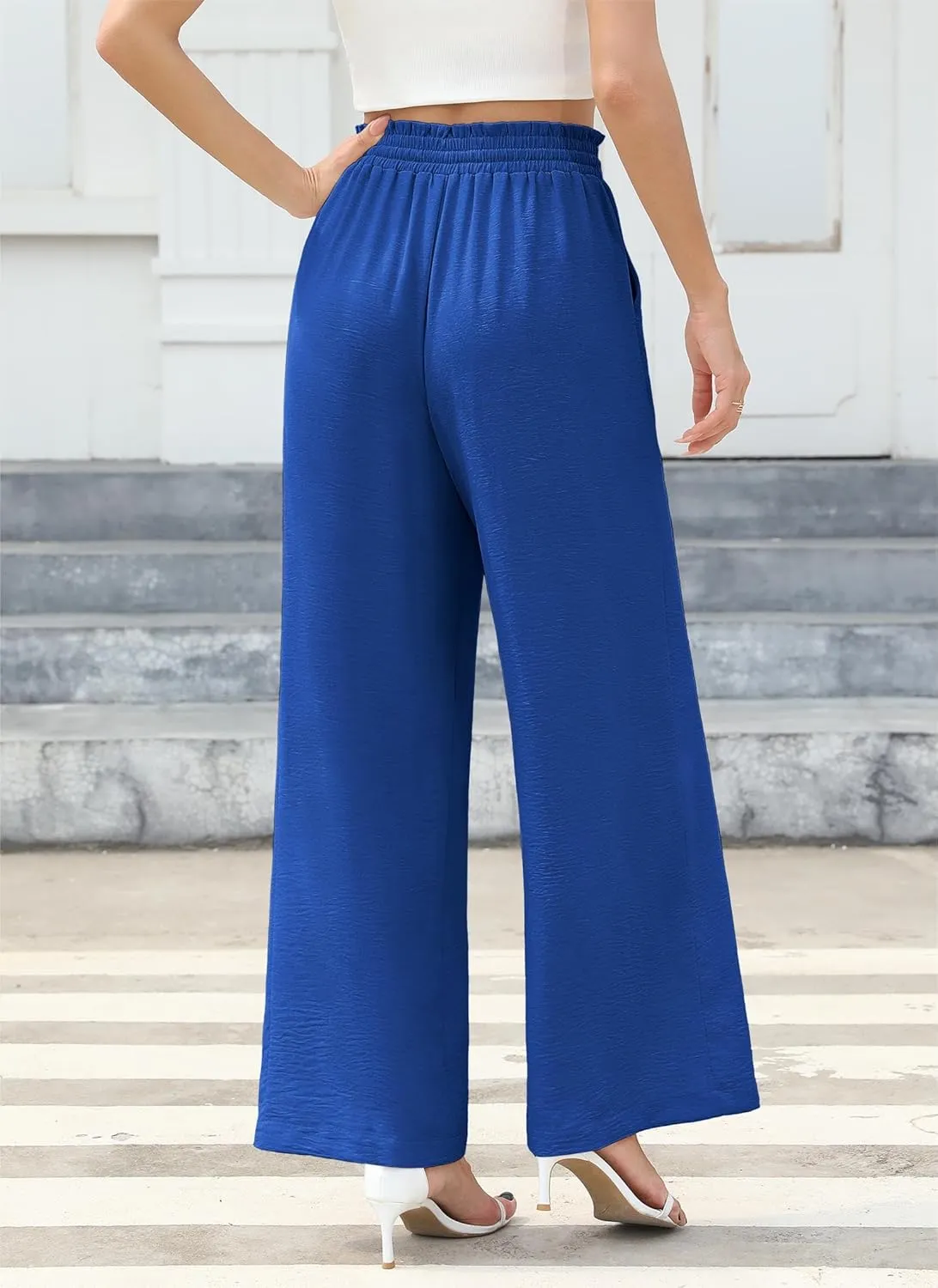Women's Wide Leg Linen Pants High Waisted Flowy Palazzo Pants Lounge Loose Casual Work Pants Trousers Pockets