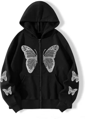 Women's Y2K Zip Up Hoodie Grunge Butterfly Print Sweatshirt Graphic Oversized Vintage Jacket with Pocket Clothing