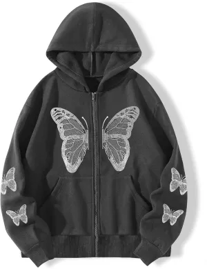 Women's Y2K Zip Up Hoodie Grunge Butterfly Print Sweatshirt Graphic Oversized Vintage Jacket with Pocket Clothing