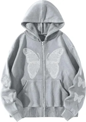 Women's Y2K Zip Up Hoodie Grunge Butterfly Print Sweatshirt Graphic Oversized Vintage Jacket with Pocket Clothing