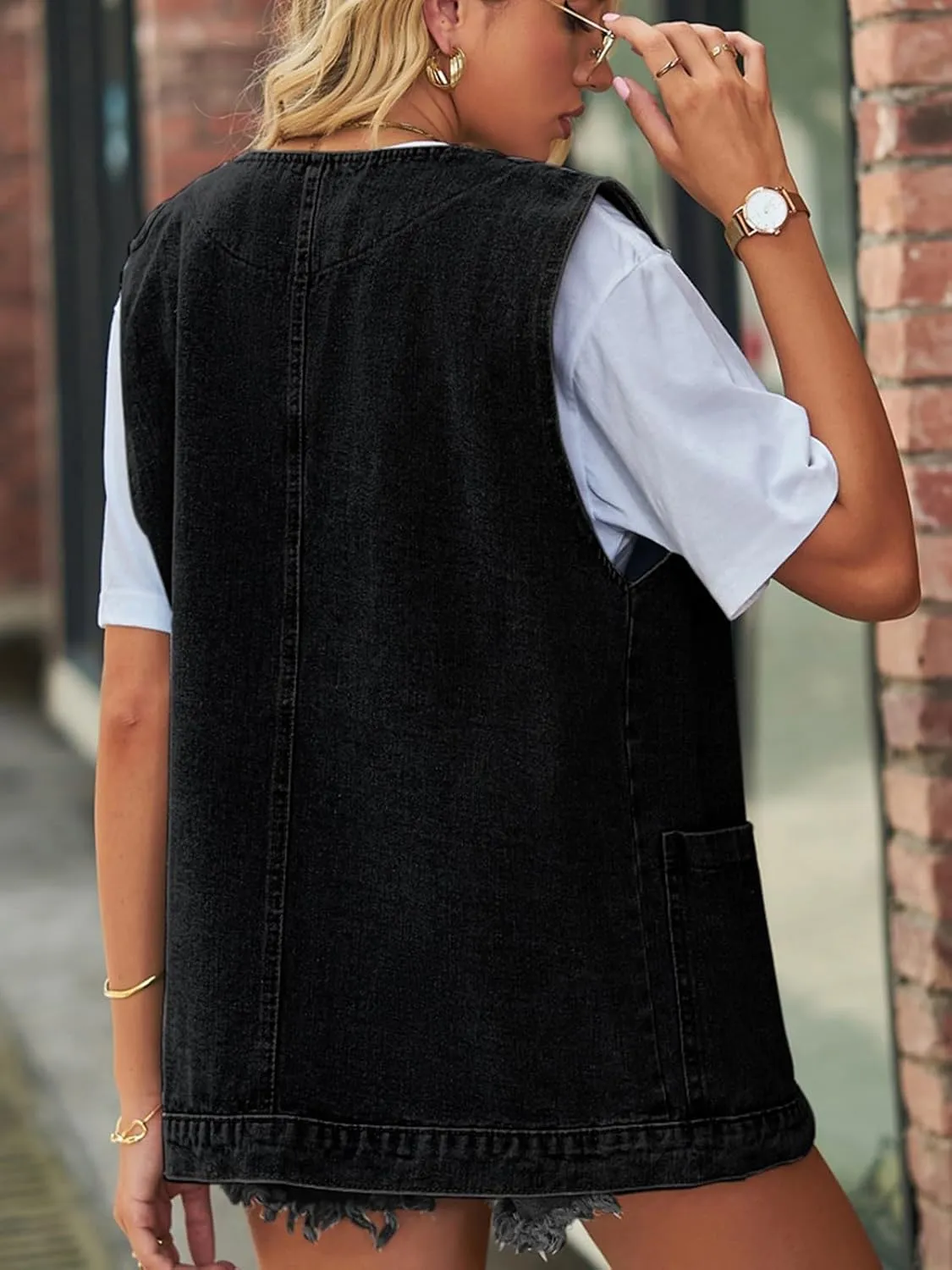 Wowcarbazole Women's Denim Vest Oversized V Neck Button Down Jean Vest Top Sleeveless Jean Waistcoat Jacket with Pockets