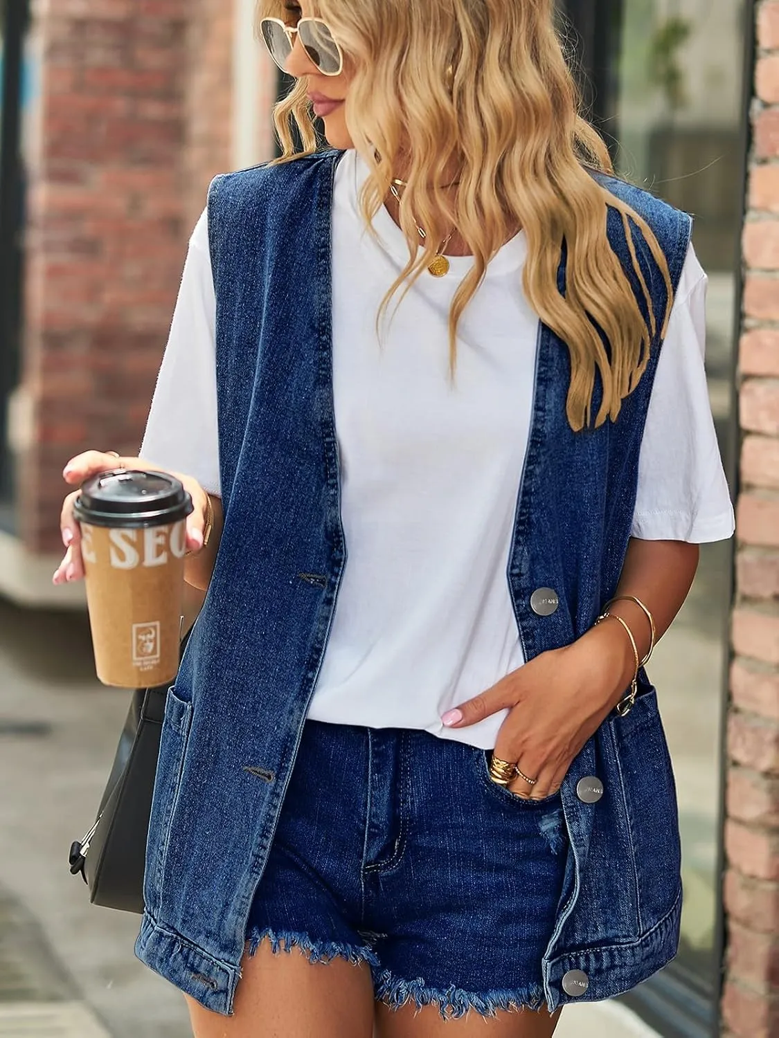 Wowcarbazole Women's Denim Vest Oversized V Neck Button Down Jean Vest Top Sleeveless Jean Waistcoat Jacket with Pockets
