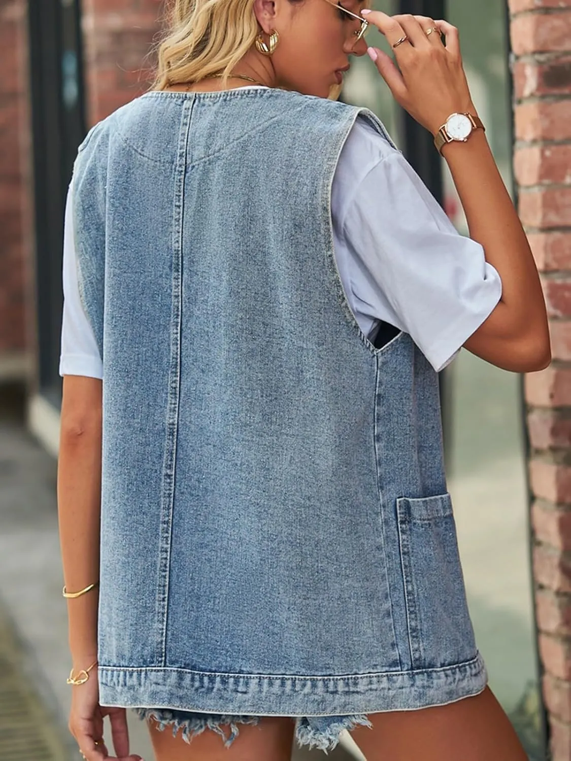 Wowcarbazole Women's Denim Vest Oversized V Neck Button Down Jean Vest Top Sleeveless Jean Waistcoat Jacket with Pockets