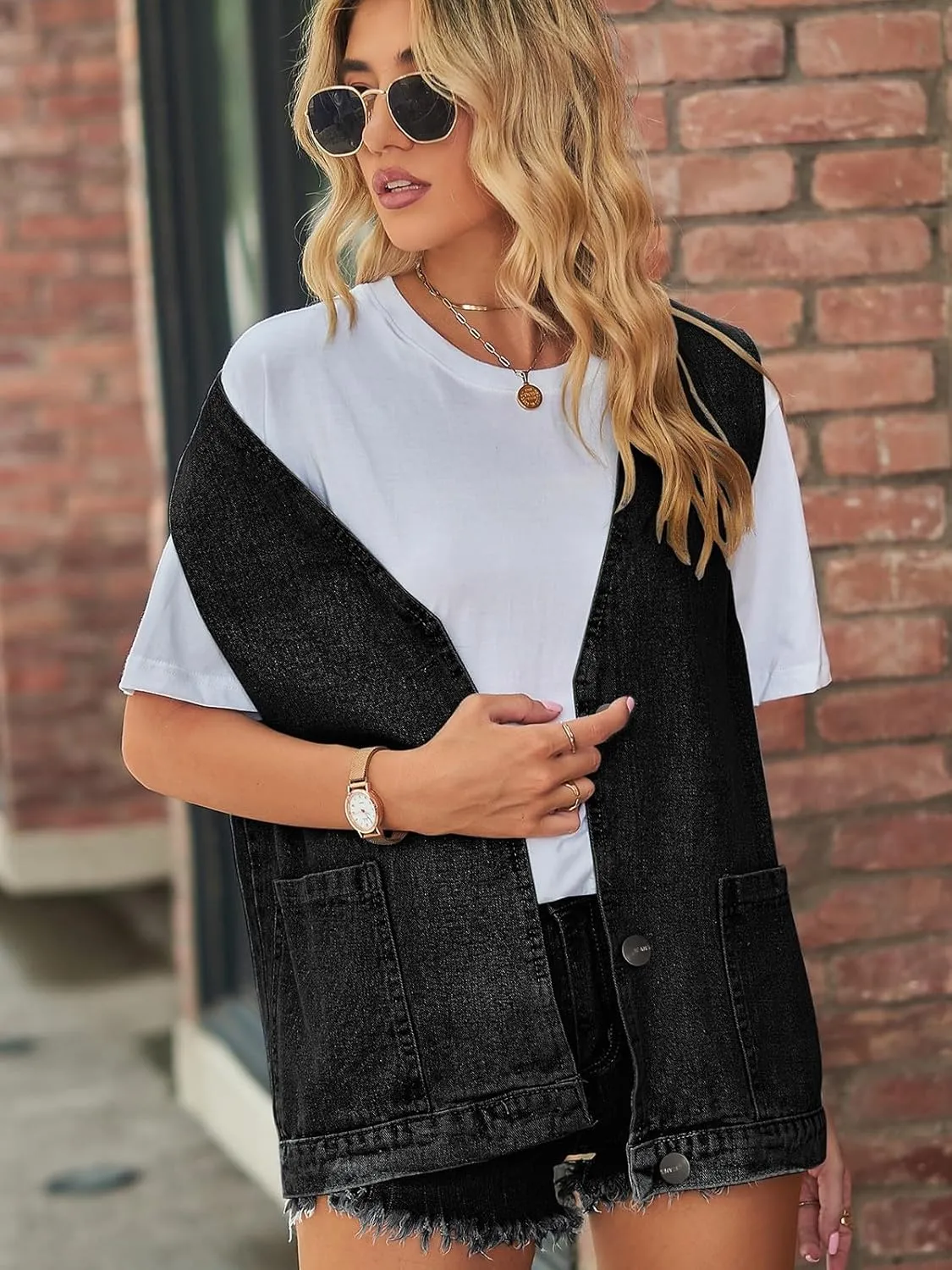 Wowcarbazole Women's Denim Vest Oversized V Neck Button Down Jean Vest Top Sleeveless Jean Waistcoat Jacket with Pockets