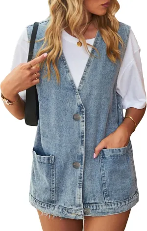 Wowcarbazole Women's Denim Vest Oversized V Neck Button Down Jean Vest Top Sleeveless Jean Waistcoat Jacket with Pockets