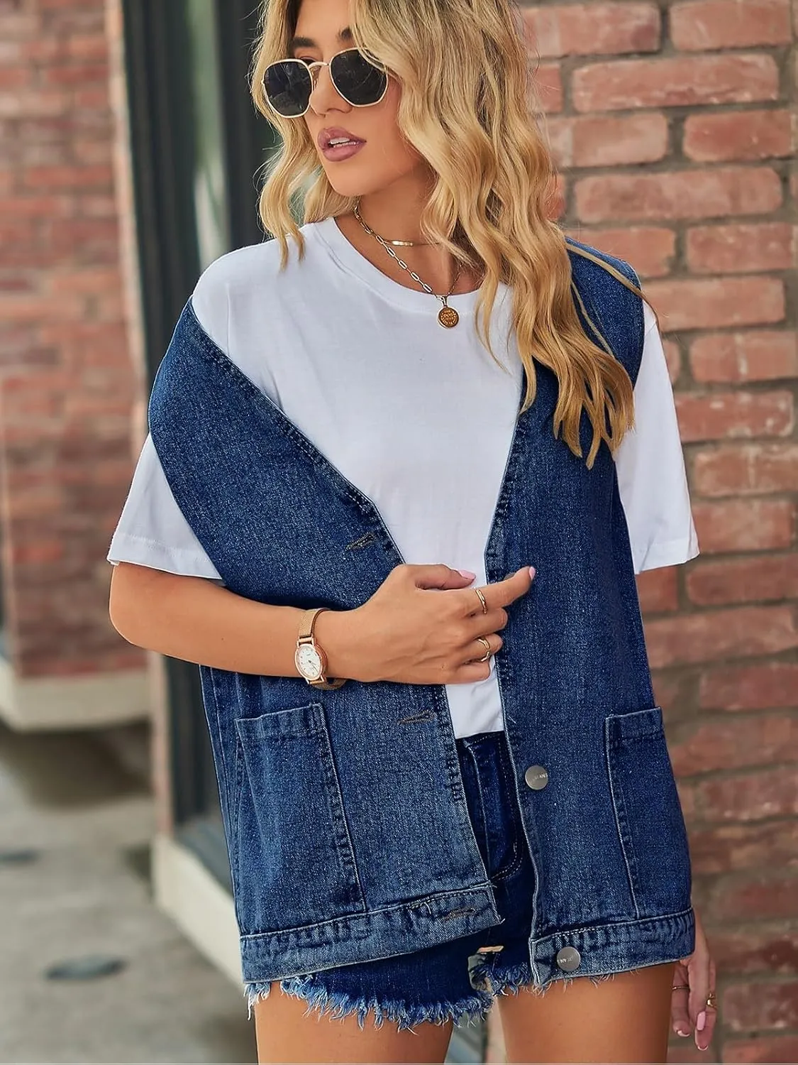 Wowcarbazole Women's Denim Vest Oversized V Neck Button Down Jean Vest Top Sleeveless Jean Waistcoat Jacket with Pockets