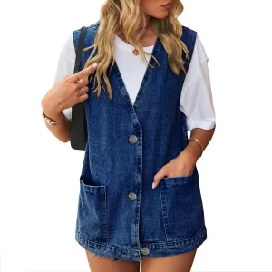 Wowcarbazole Women's Denim Vest Oversized V Neck Button Down Jean Vest Top Sleeveless Jean Waistcoat Jacket with Pockets